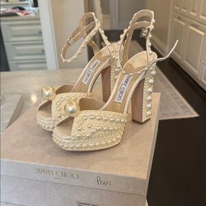 Jimmy Choo Pearl-Embellished Platform Sandals in Pearl
